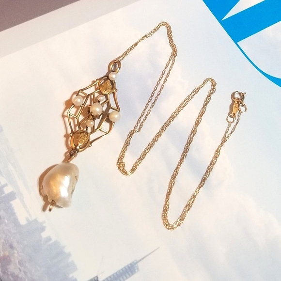 ANTQ SOLID 10KT Gold Seed Pearl Lavaliere Necklace - Picture 8 of 8